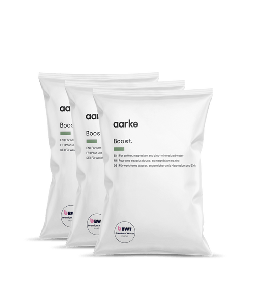 Three Aarke Enriched Filter Granules refill packs for Aarke Water Purifier, for alkaline, magnesium-mineralised water.