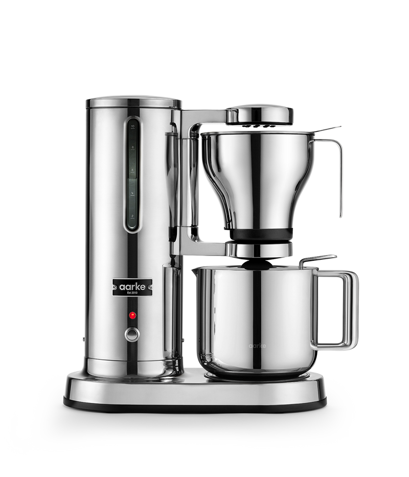 Front view of the Aarke Coffee Maker in stainless steel.