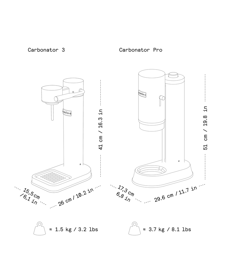 Illustration of Aarke Carbonators with dimensions and weight details.