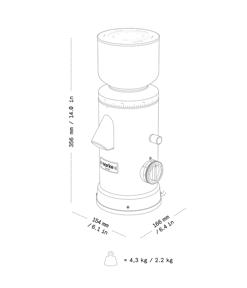 Illustration of the Aarke Coffee Grinder with dimensions and weight.
