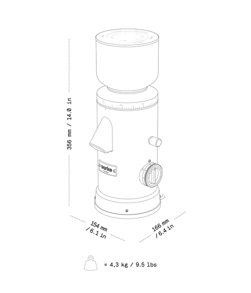 Illustration of the Aarke Coffee Grinder with dimensions and weight.