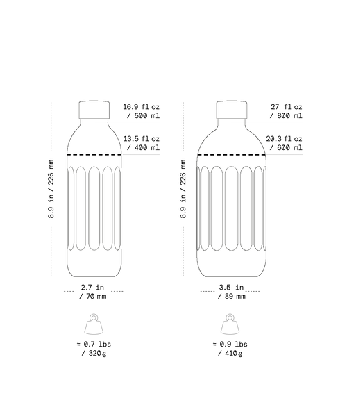 Measurement chart of a water bottle with volume, height, and weight details.