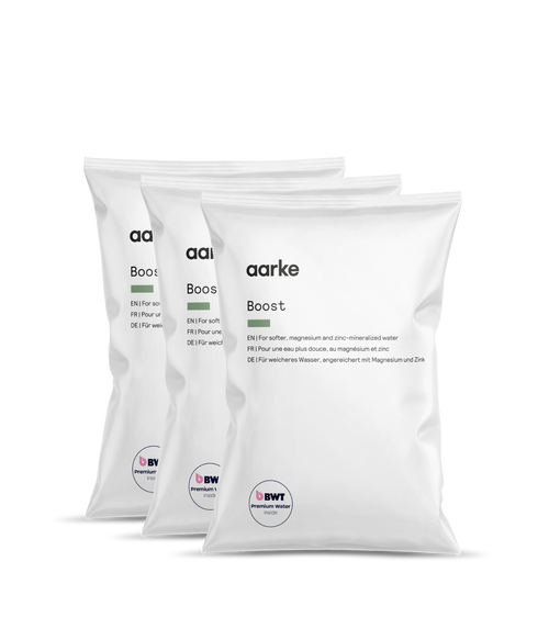 Three Aarke Enriched Filter Granules refill packs for Aarke Water Purifier, for alkaline, magnesium-mineralised water.